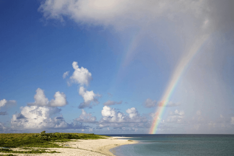 Grafik mit Strand und Meer und darüber strahlt ein Regenbogen bei blauem Himmel, so fern und doch so nah wie die Lomi Lomi Massage aus Hawaii - somewhere over the rainbow.